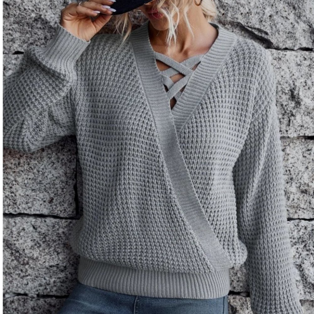 Casual Boho Criss Cross Surplice Neck knit Sweater Top - Picture 6 of 7